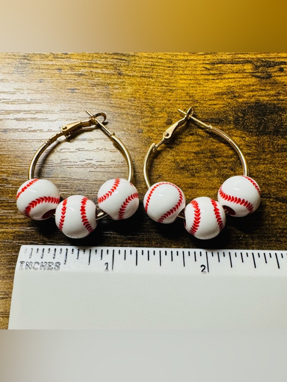 Baseball Bead Hoop Earrings in White and Red - Picture 2 of 2